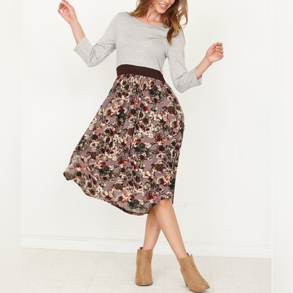 Mocha Floral Midi Dress - Picture 1 of 5